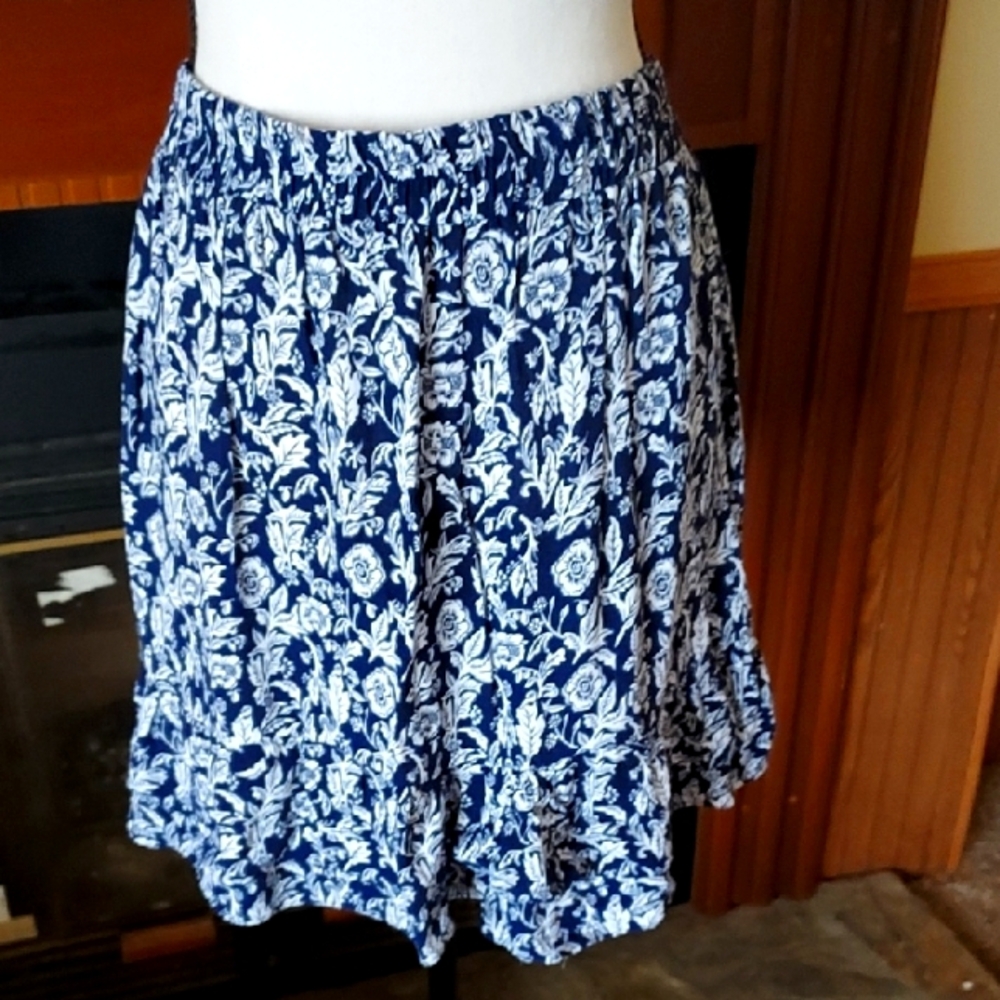 C&C California Blue and White Ruffled Mini Skirt